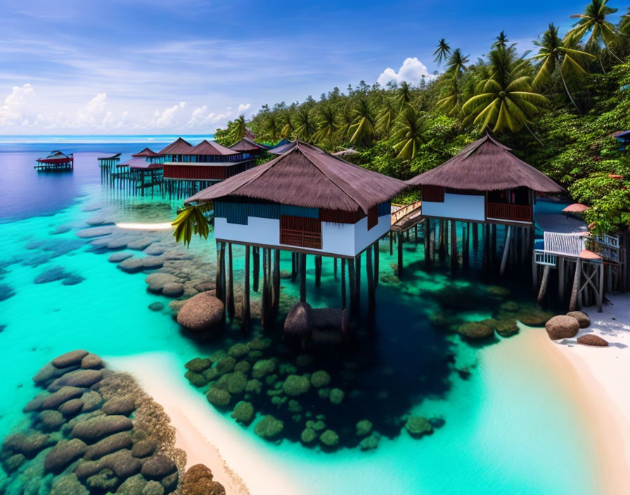 Tropical Overwater Bungalows on Clear Blue Sea