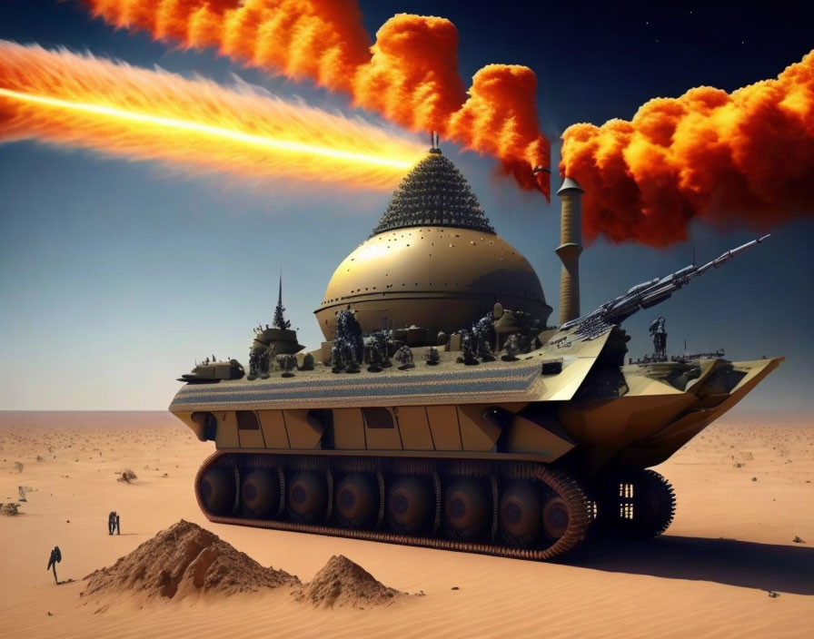 Armored vehicle with dome structure traversing desert under fiery sky