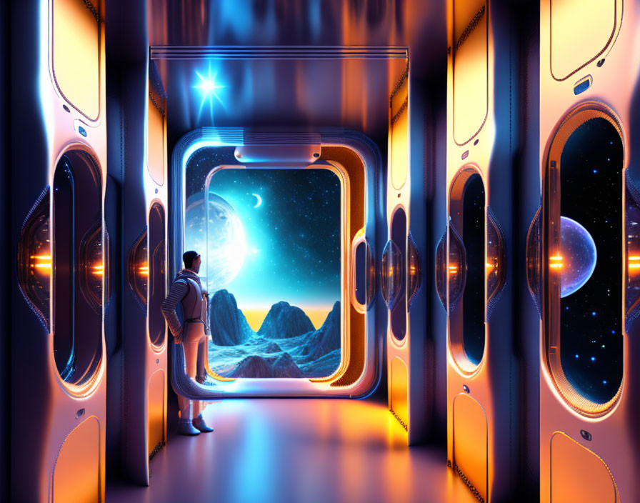 Person in futuristic spaceship corridor looking at cosmic landscape