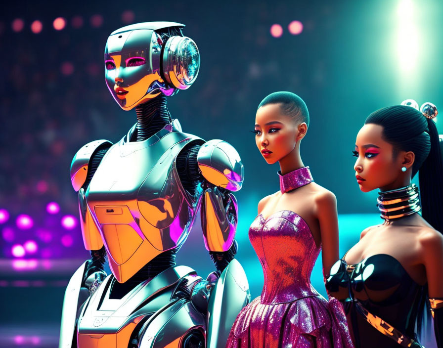 Futuristic robot with two stylish women in vibrant setting