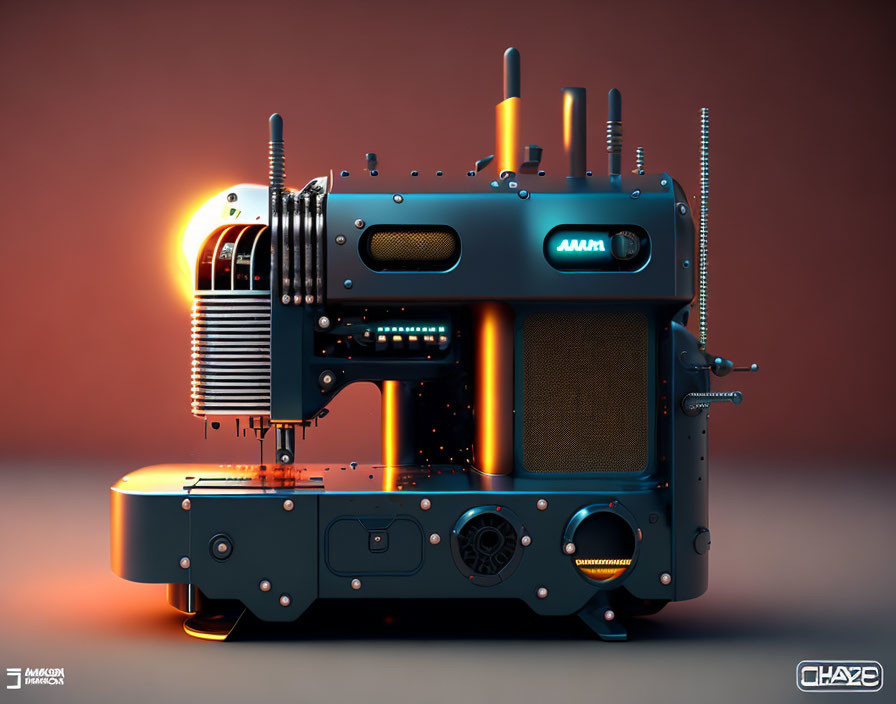 Vintage-style retro-futuristic machine with dials, tubes, and speaker in warm lighting