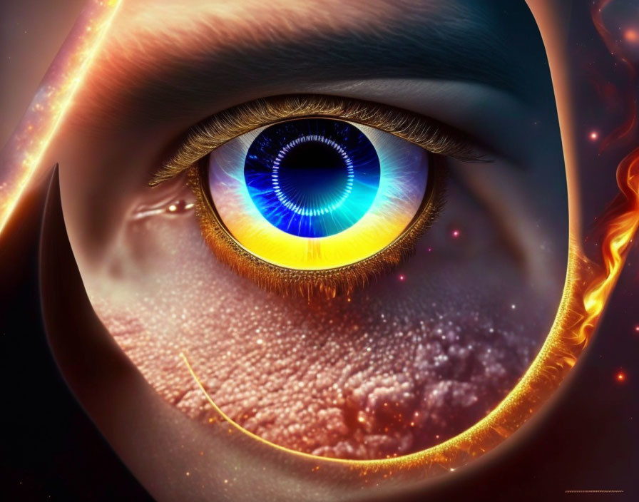 Detailed Human Eye Close-Up with Blue and Yellow Colors and Abstract Fiery Elements