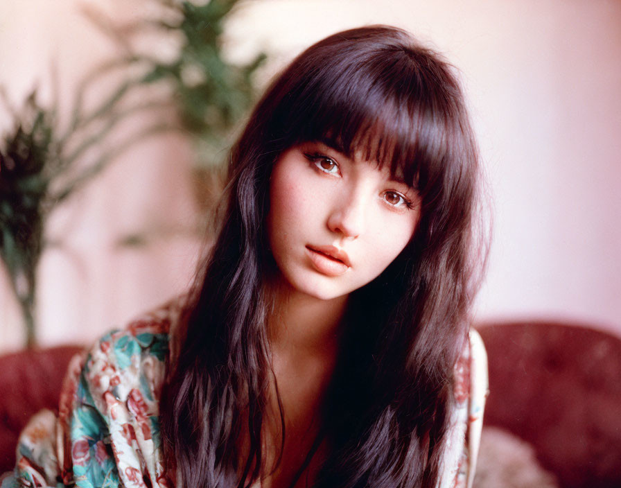 Dark-haired woman in floral garment gazes at camera with plant in background