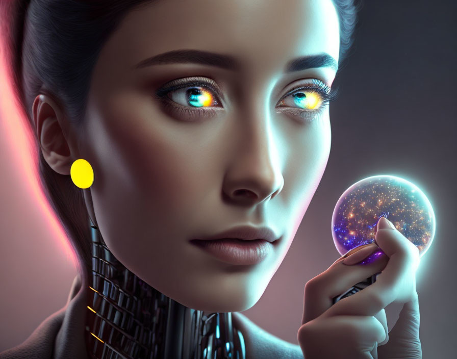 Female cyborg with glowing eyes holding orb in futuristic setting