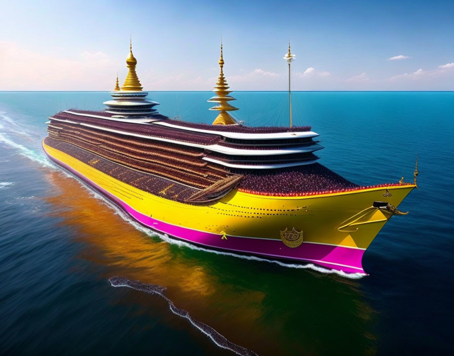 Colorful yellow and purple cruise ship with pagoda-style tiers on calm blue ocean