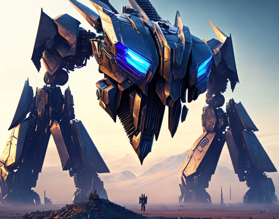 Futuristic armored vehicles with blue energy cores in desert setting.