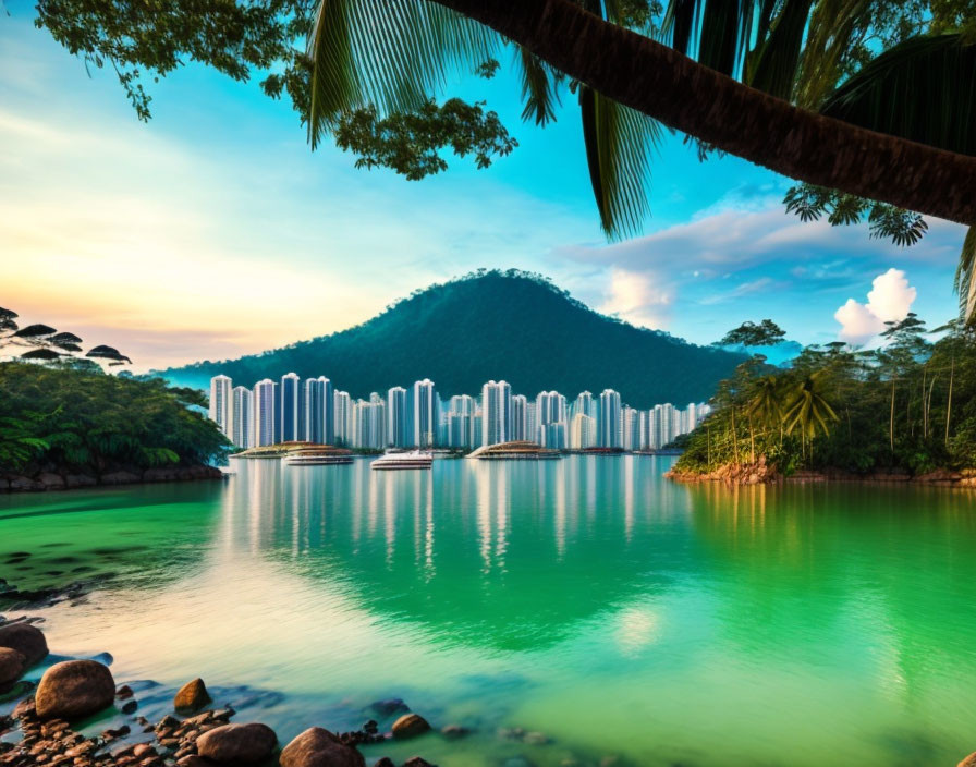 Tranquil coastal cityscape at sunset with modern high-rises and lush greenery