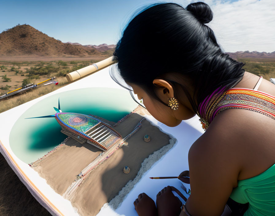 Woman sketching a book transforming into a colorful bridge in a desert landscape.