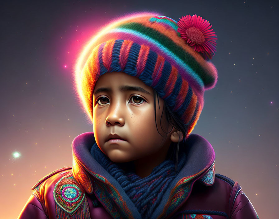 Young child in colorful knitted hat and traditional clothing under starry twilight sky