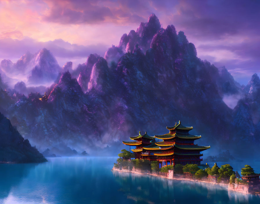 East Asian Pagoda Buildings by Lake with Misty Mountains at Sunset