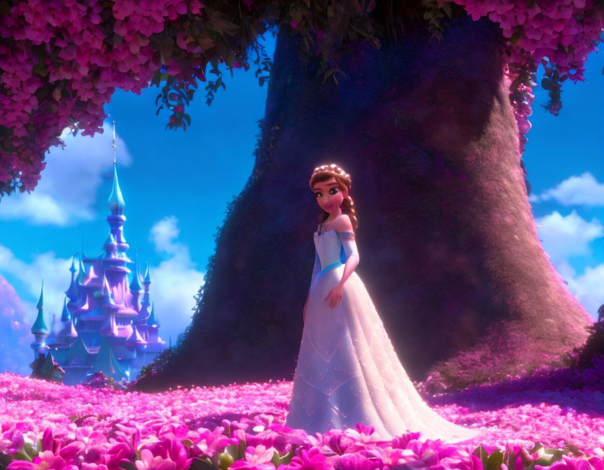 Animated princess in white gown in pink floral landscape with castle