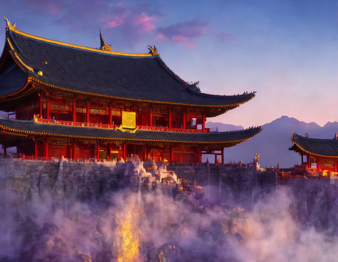 Asian Architecture with Sweeping Roofs at Sunrise and Misty Mountains