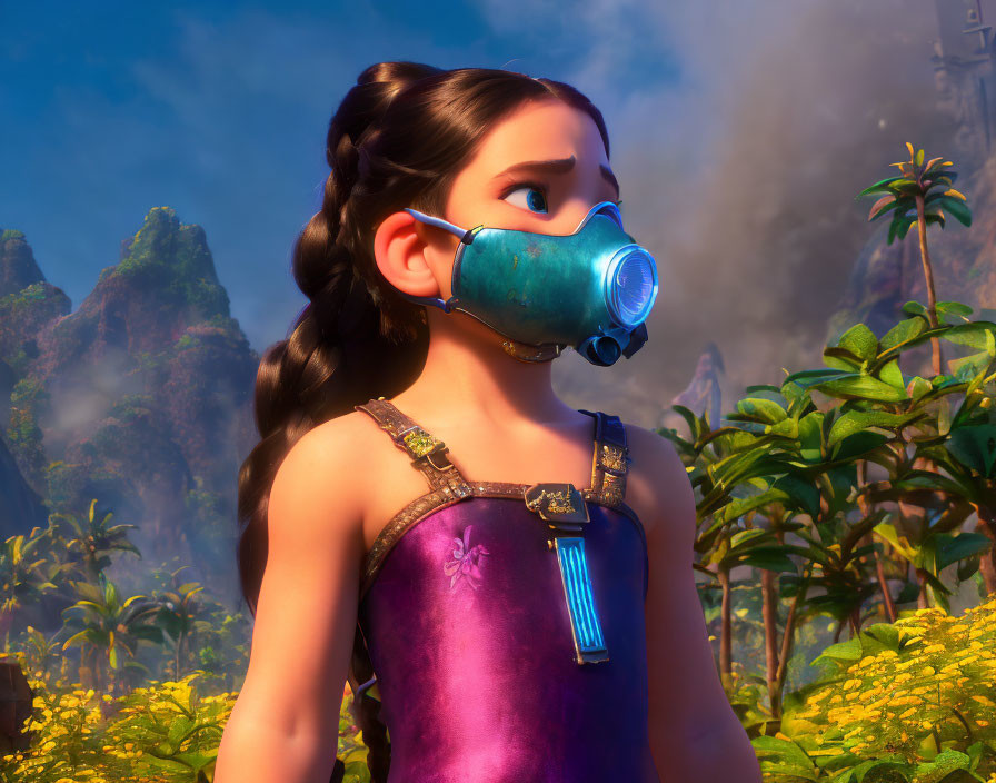 3D-rendered girl in gas mask, purple dress, and backpack in jungle with ruins