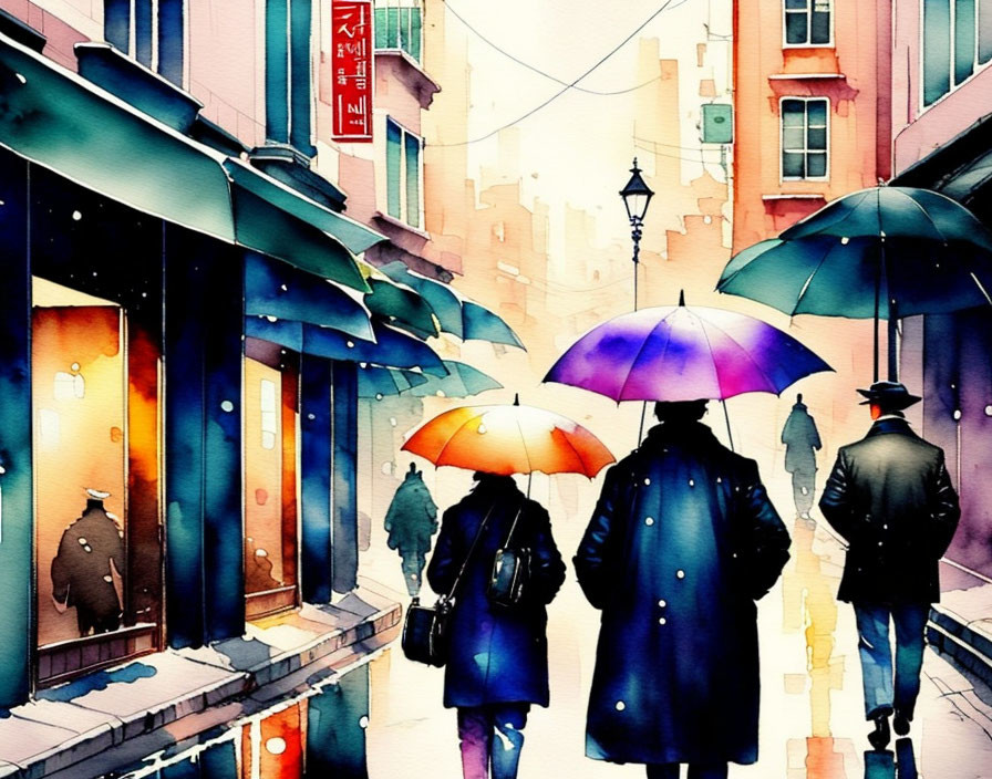 Vibrant watercolor painting of couple with umbrellas in urban setting