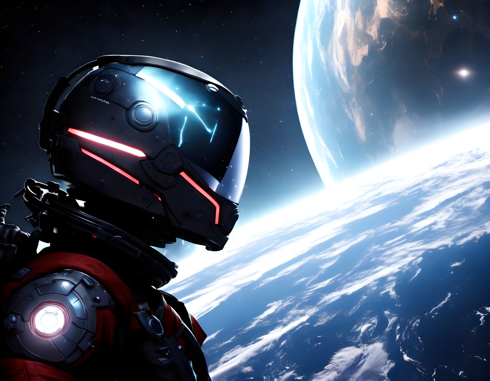 Glowing visor robot gazes at Earth from space with celestial body and star glare