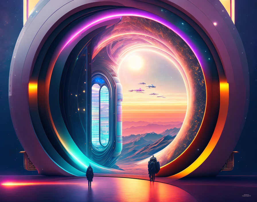 Futuristic portal with figures in vibrant landscape