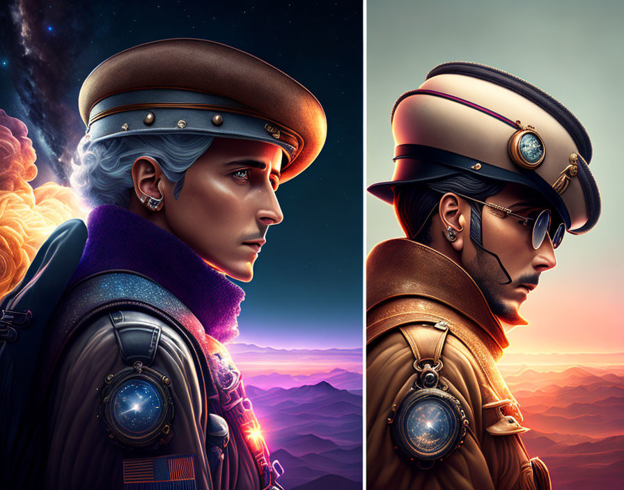 Two stylized pilots in uniform with futuristic goggles against a vivid sky and mountainous landscape.