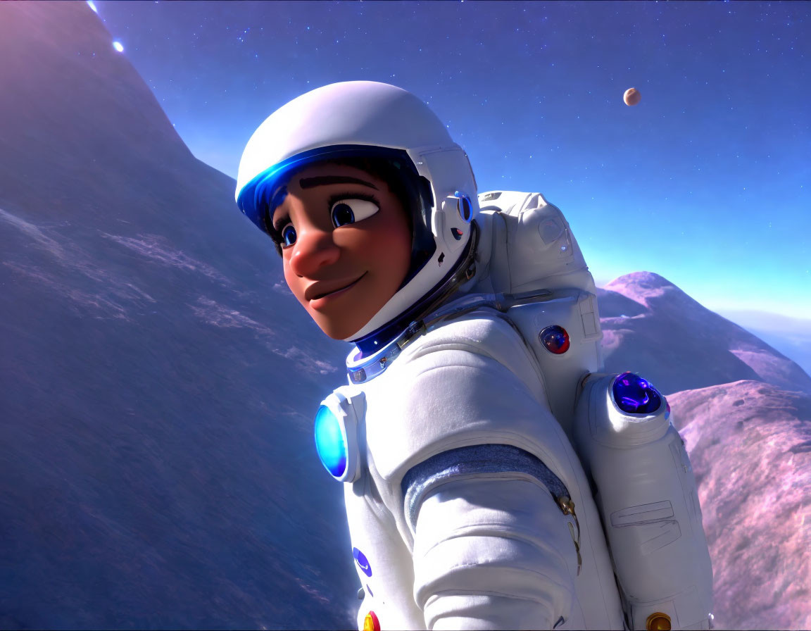 Astronaut in white space suit on alien planet with purple sky