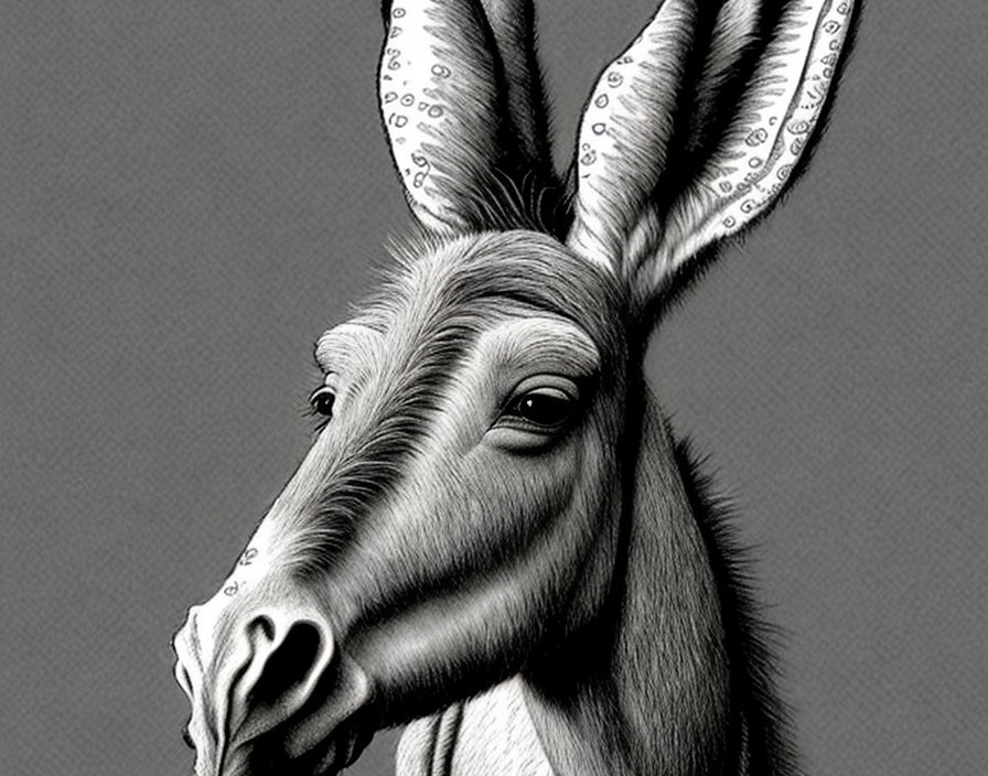 Detailed grayscale whimsical creature with donkey face and rabbit-like ears on plain background