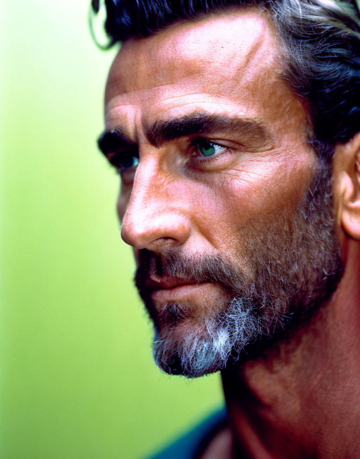 Man with Dark Hair and Blue Eyes in Profile Against Green Background