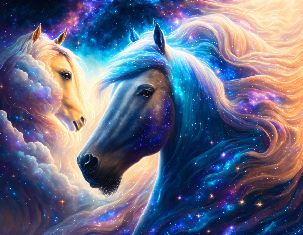 Ethereal horses with cosmic fur in vibrant galactic setting