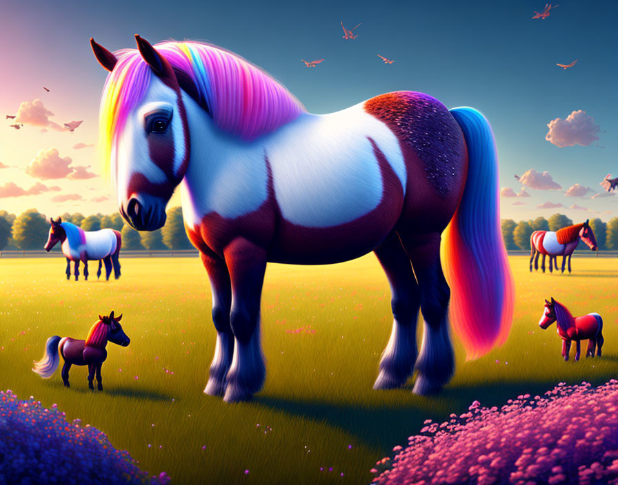 Vibrantly colored horses with rainbow manes in sunset meadow