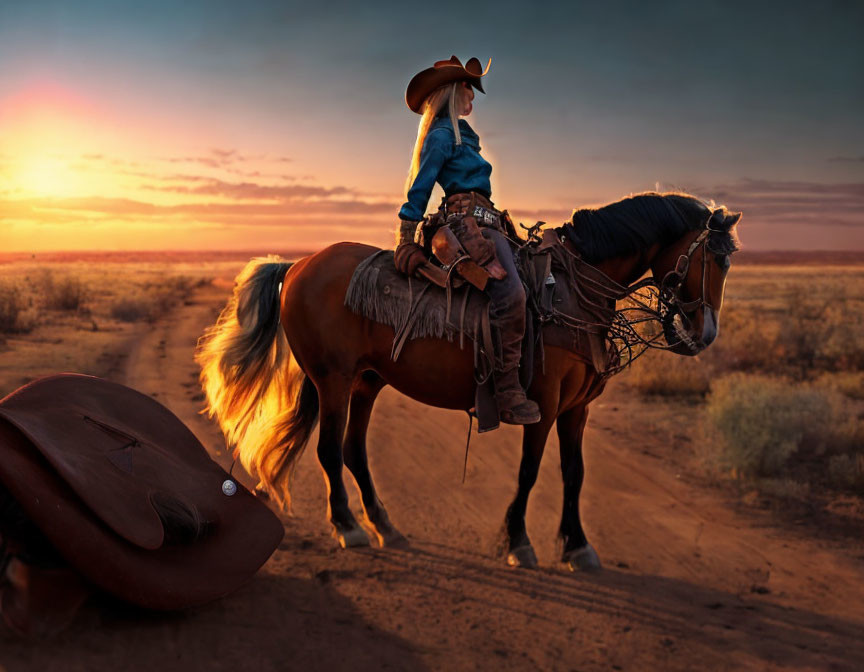 Cowboy riding horse at sunset in desert with fallen hat.