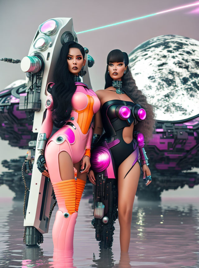 Futuristic female cyborgs with robotic limbs in stylish outfits before a sci-fi cityscape.