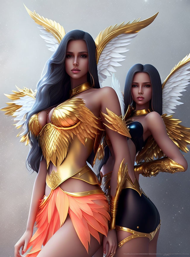 Female warriors with angelic wings and golden armor in celestial setting