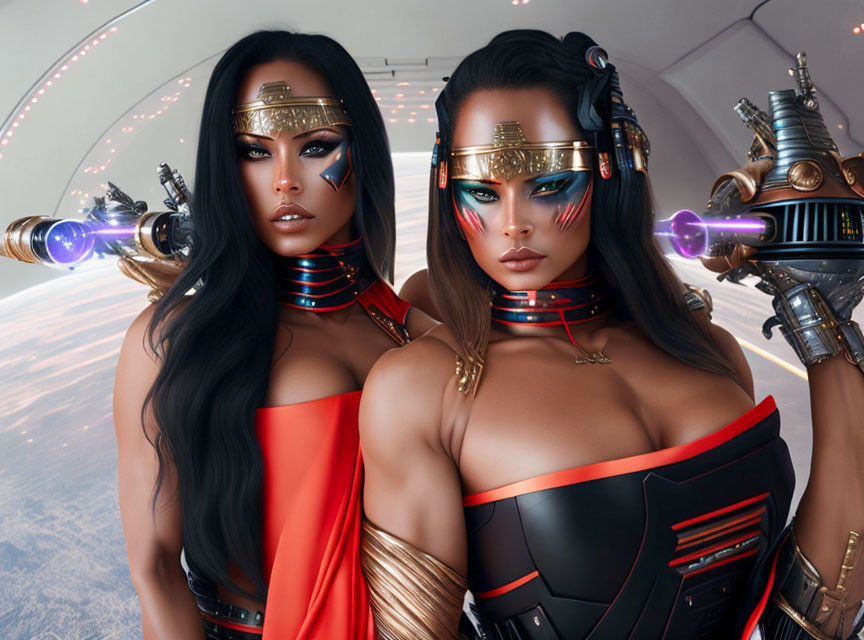 Futuristic women with cyborg enhancements in Egyptian-inspired makeup on spaceship