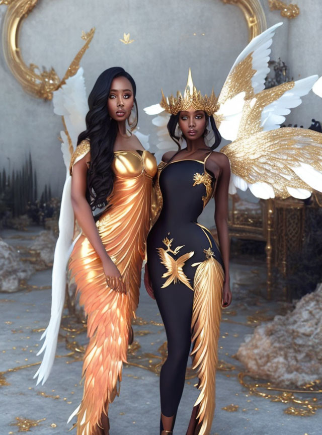 Women in elegant fantasy dresses with golden wing motifs and ornate crowns against grey backdrop