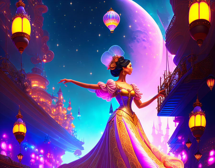 Woman in vintage dress on balcony with floating lanterns and pink moon