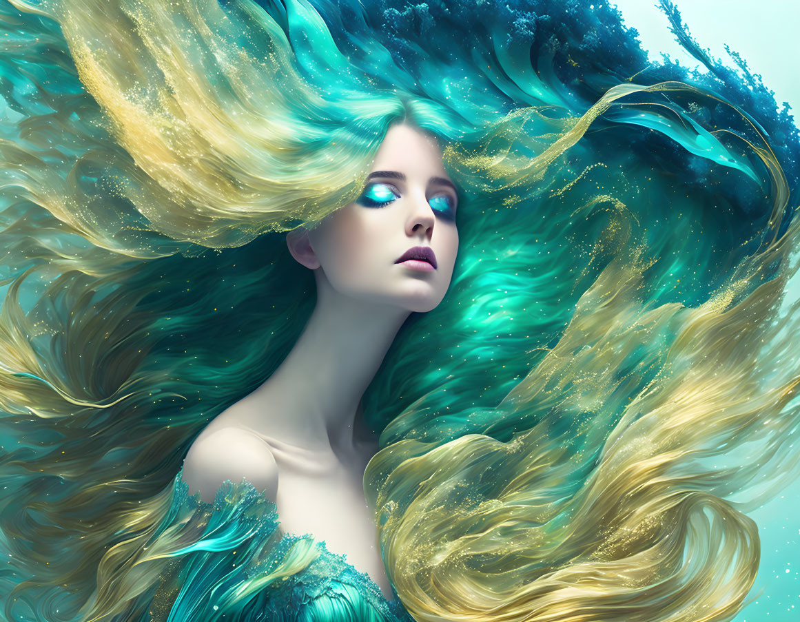 Golden-haired woman with blue eyes in aquatic setting