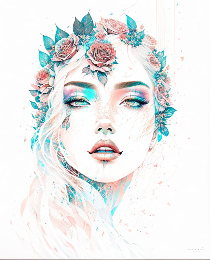 Digital artwork: Pale woman with white hair in floral crown and pastel flowers, vibrant makeup.