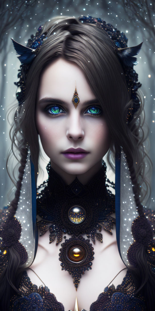 Fantasy portrait of woman with blue eyes, cat-like ears, ornate jewelry, dark outfit