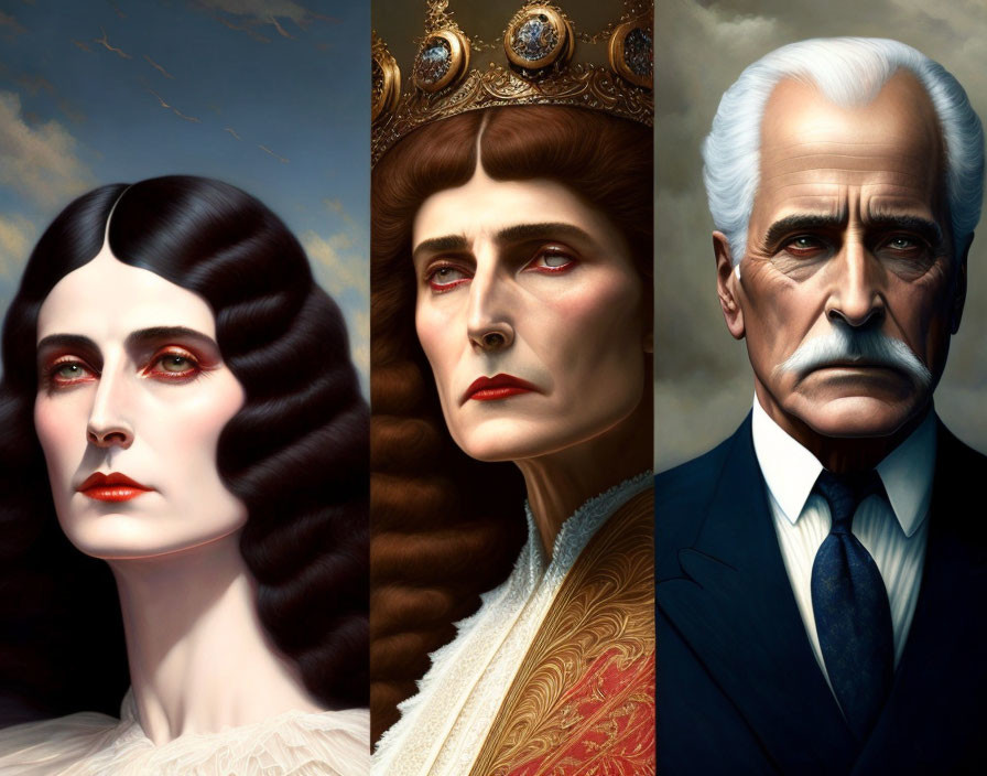 Stylized portraits of young woman, queen, and elderly man with classical features