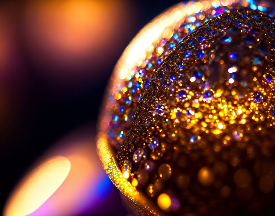 Golden sphere with blue and orange bokeh lights close-up.