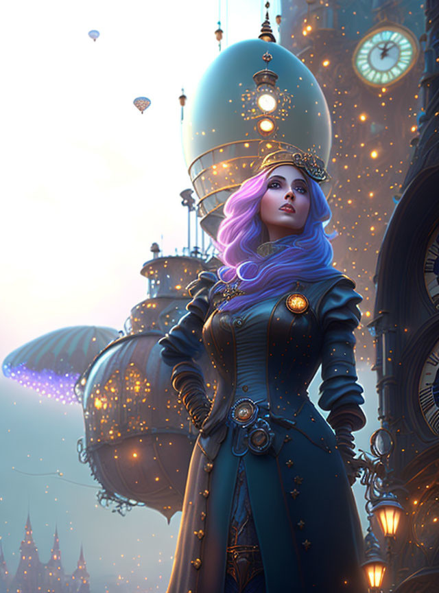 Purple-haired woman in fantasy steampunk city with floating lanterns at twilight