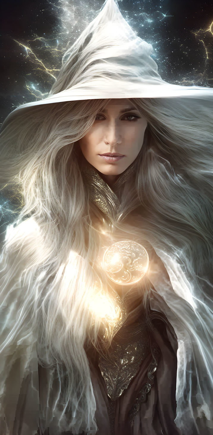 Mystical figure in white cloak and hat with luminous hair and glowing amulet against cosmic backdrop