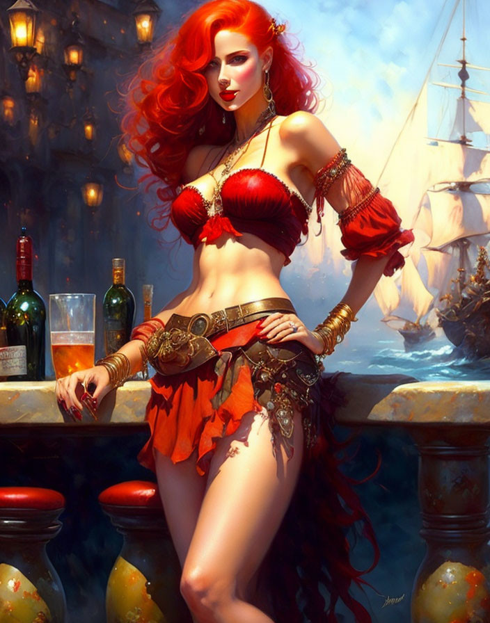 Red-haired woman in pirate outfit with ship, bottles, and balustrade