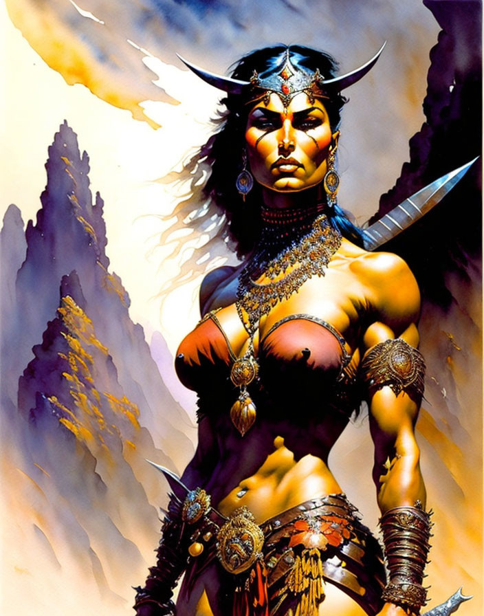 Warrior woman with headpiece, gauntlets, necklace, and sword in misty mountain setting