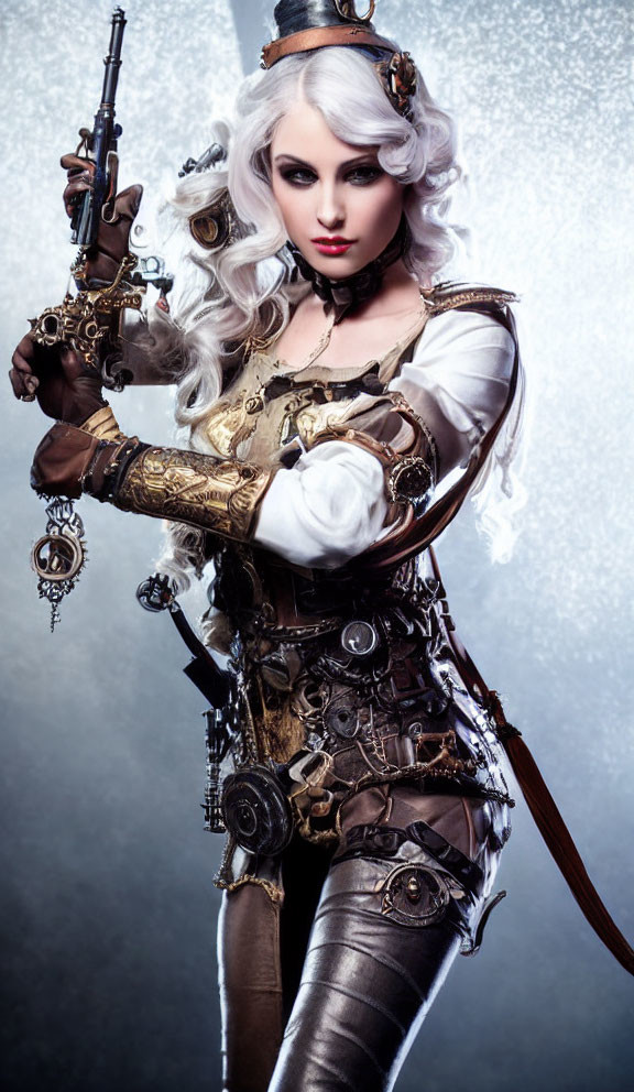 White-haired woman in steampunk attire with gun in misty setting