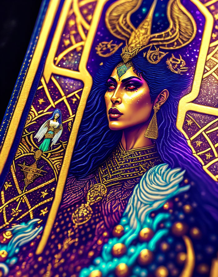 Colorful mystical woman with horns and celestial motifs on golden backdrop