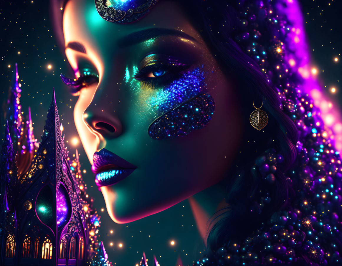 Colorful digital artwork of a woman with blue makeup and jewels in a neon-lit fantasy setting.