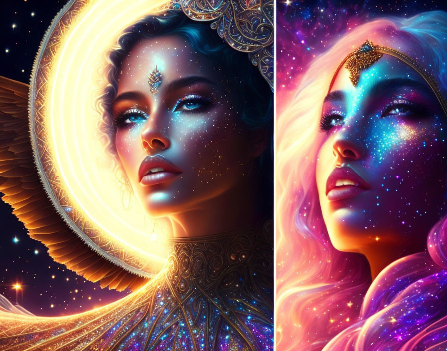 Ethereal women with cosmic features and elaborate headpieces on vibrant stellar background