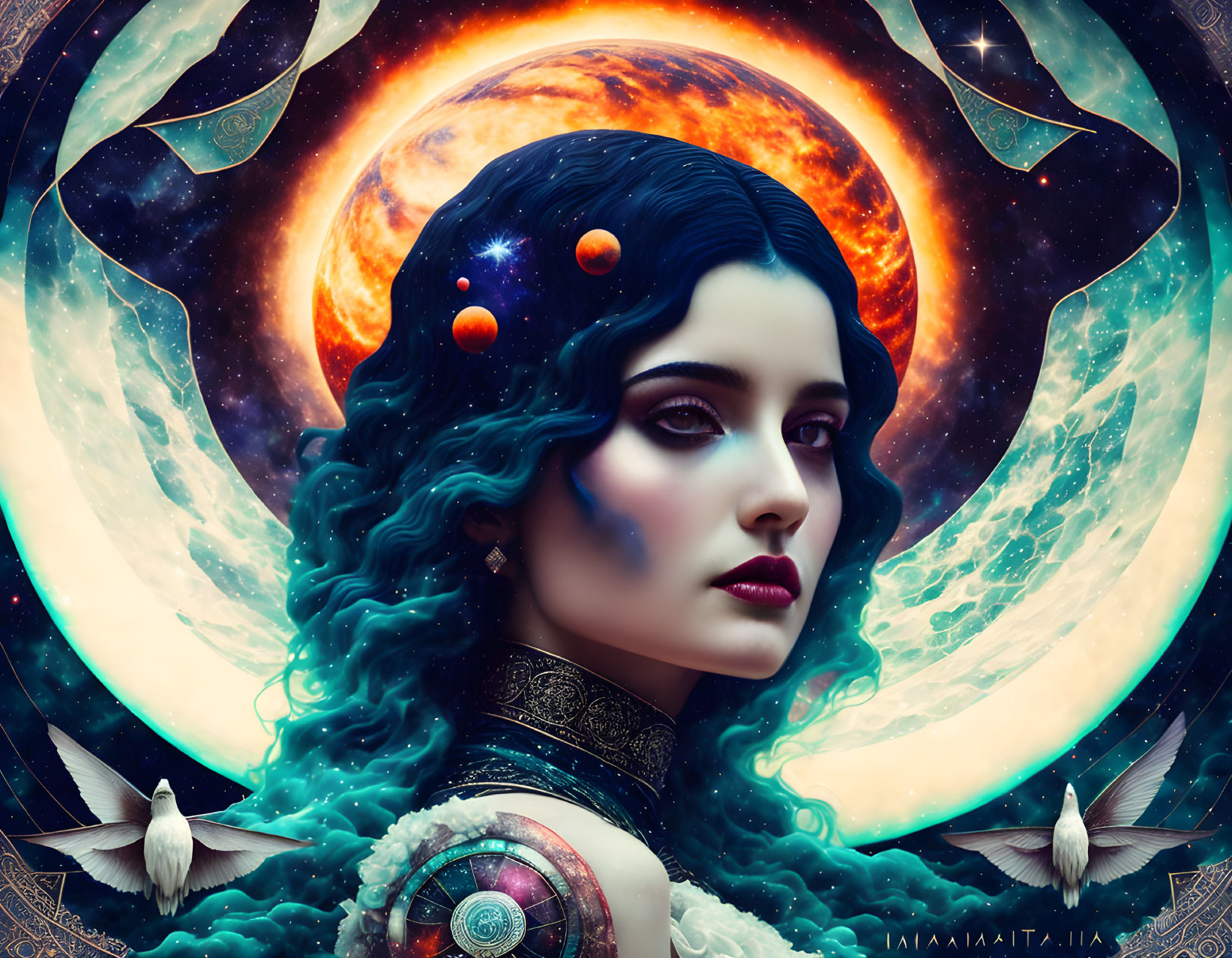 Stylized portrait of woman with blue wavy hair and celestial motifs