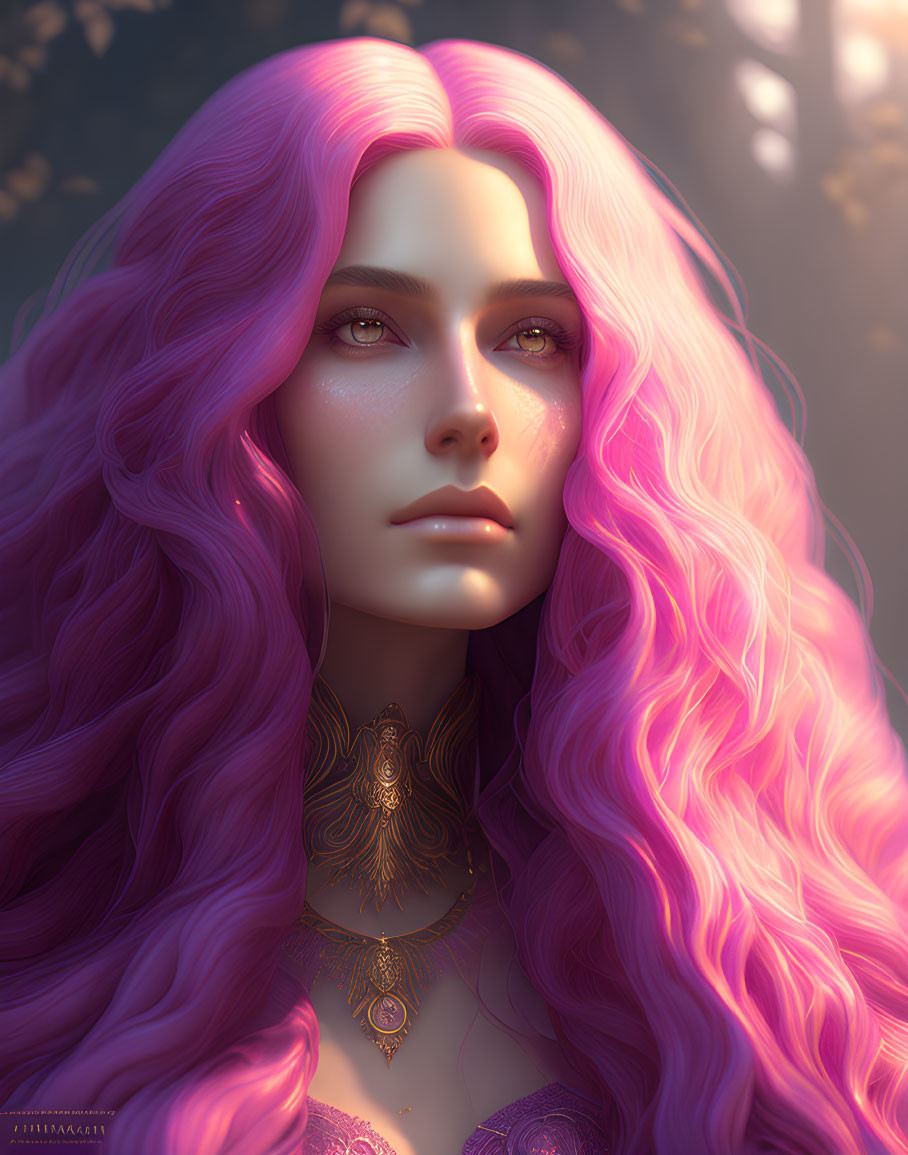 Digital artwork: Woman with pink hair, freckles, contemplative eyes, and golden jewelry