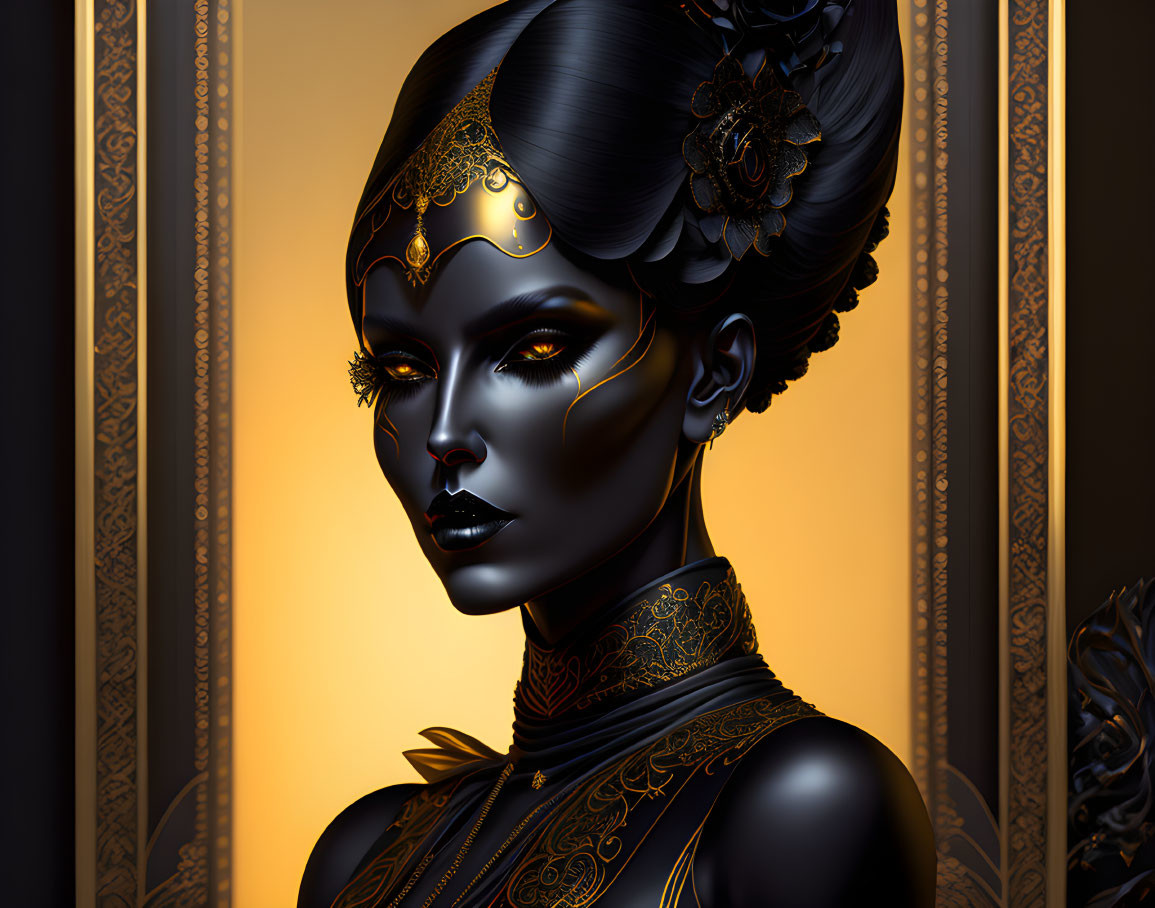 Digital portrait of a woman with metallic skin and ornate gold accessories on decorative background