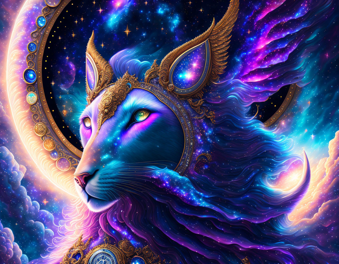 Majestic cosmic lion with stars and galaxies in its mane and golden headpiece