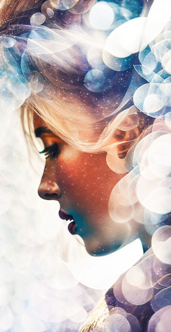 Woman's profile merged with cosmic backdrop: stars and bokeh effects for an ethereal portrait.